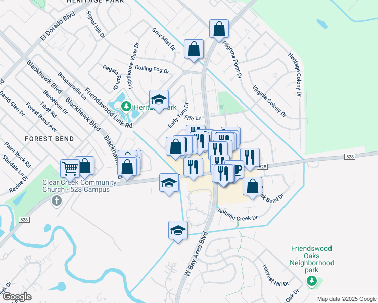 map of restaurants, bars, coffee shops, grocery stores, and more near 17342 Heritage Bay Drive in Webster