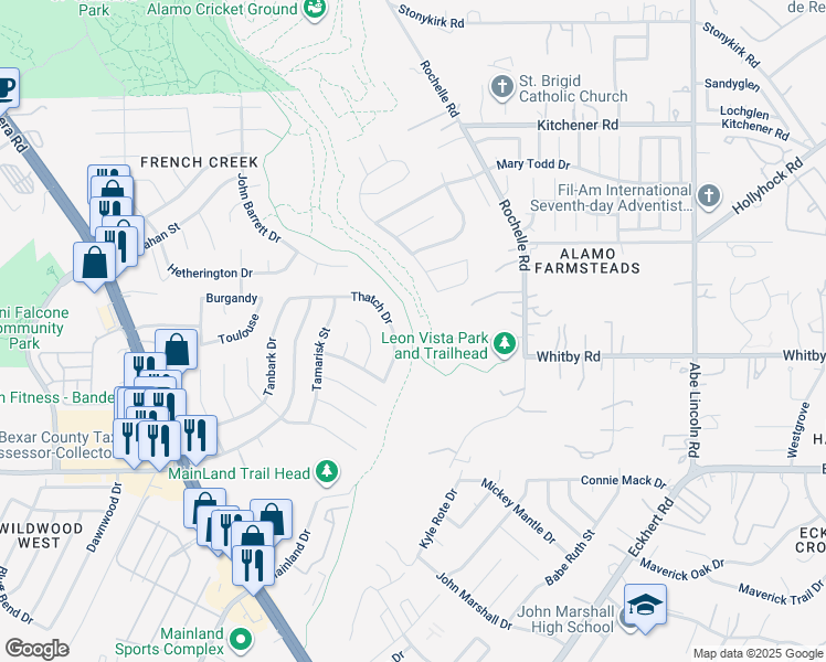map of restaurants, bars, coffee shops, grocery stores, and more near Leon Creek Greenway in San Antonio