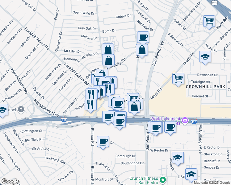 map of restaurants, bars, coffee shops, grocery stores, and more near 7234 Blanco Road in San Antonio
