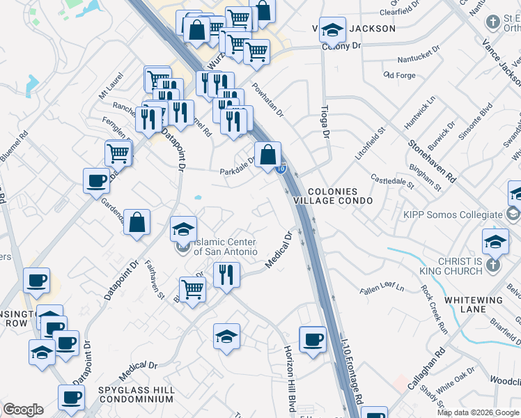 map of restaurants, bars, coffee shops, grocery stores, and more near 3629 Medical Drive in San Antonio