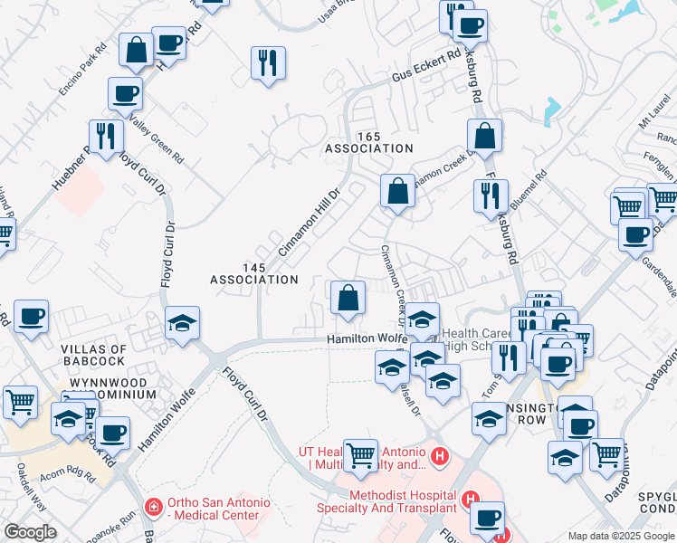 map of restaurants, bars, coffee shops, grocery stores, and more near 8711 Cinnamon Creek Drive in San Antonio