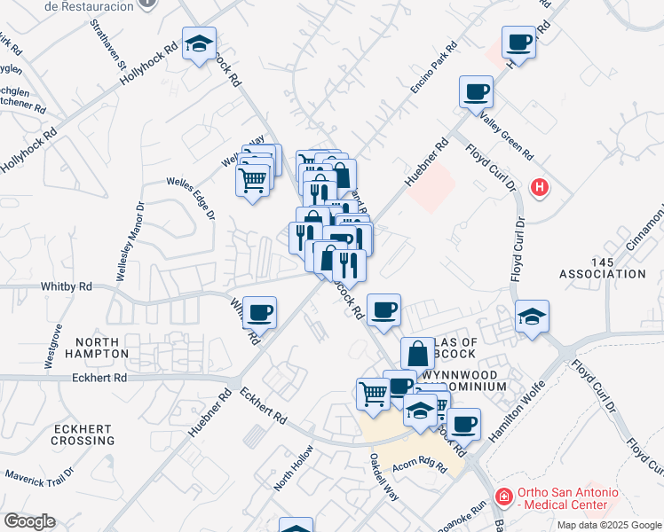 map of restaurants, bars, coffee shops, grocery stores, and more near 5801 Babcock Road in San Antonio