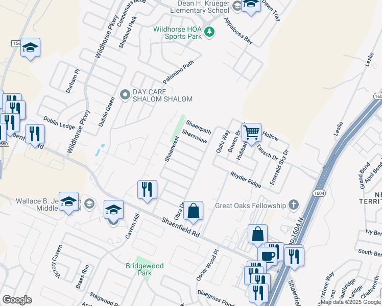 map of restaurants, bars, coffee shops, grocery stores, and more near 10718 Shaenleaf in San Antonio