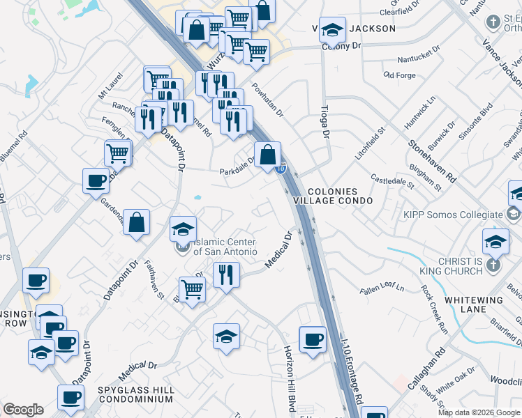 map of restaurants, bars, coffee shops, grocery stores, and more near 3629 Medical Drive in San Antonio