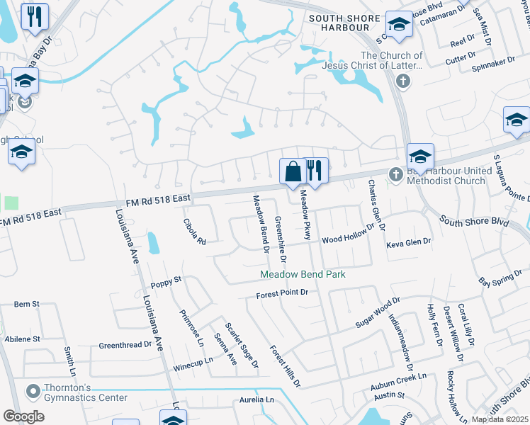 map of restaurants, bars, coffee shops, grocery stores, and more near 112 Meadow Bend Drive in League City