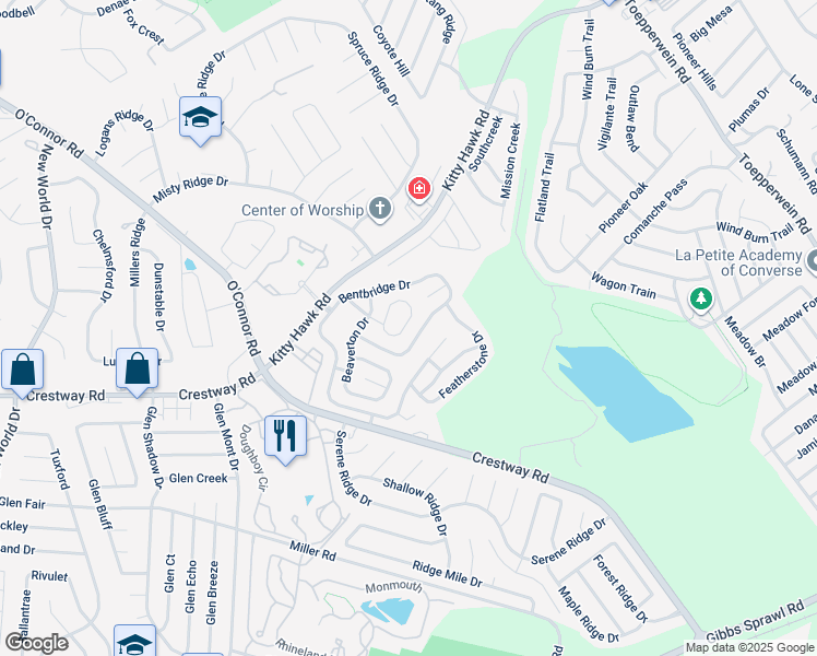 map of restaurants, bars, coffee shops, grocery stores, and more near 7460 Kitty Hawk Road in Converse