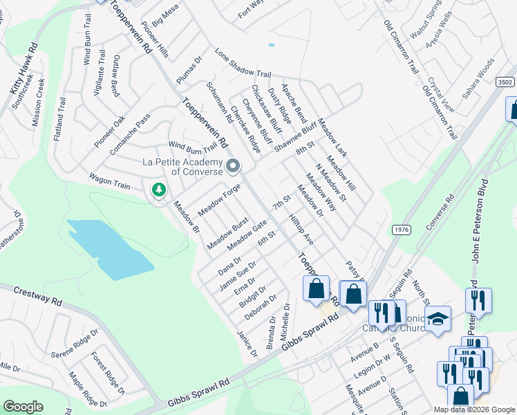 map of restaurants, bars, coffee shops, grocery stores, and more near 817 Toepperwein Road in Converse