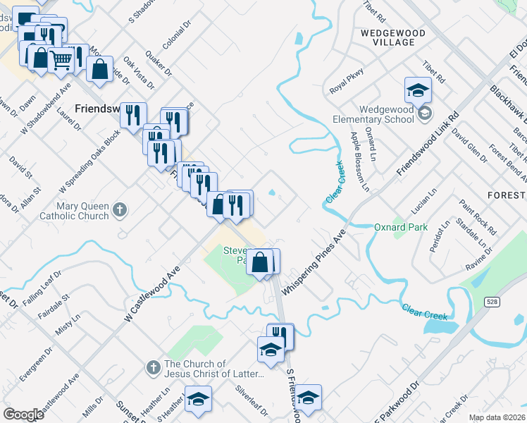 map of restaurants, bars, coffee shops, grocery stores, and more near 907 Remington Court in Friendswood