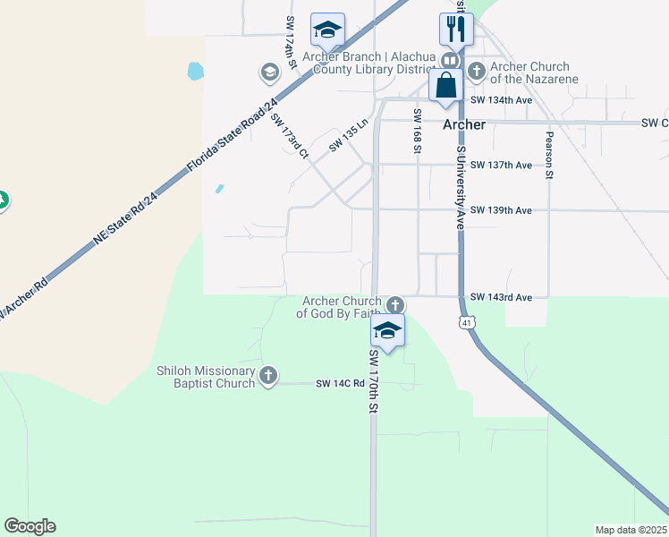 map of restaurants, bars, coffee shops, grocery stores, and more near 17101-17199 SW 141st Rd in Archer