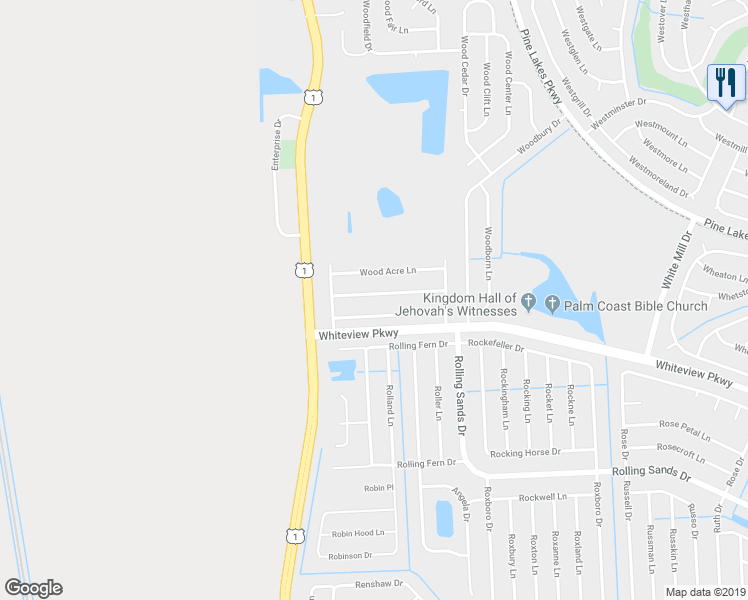 map of restaurants, bars, coffee shops, grocery stores, and more near 19 Wood Amber Lane in Palm Coast