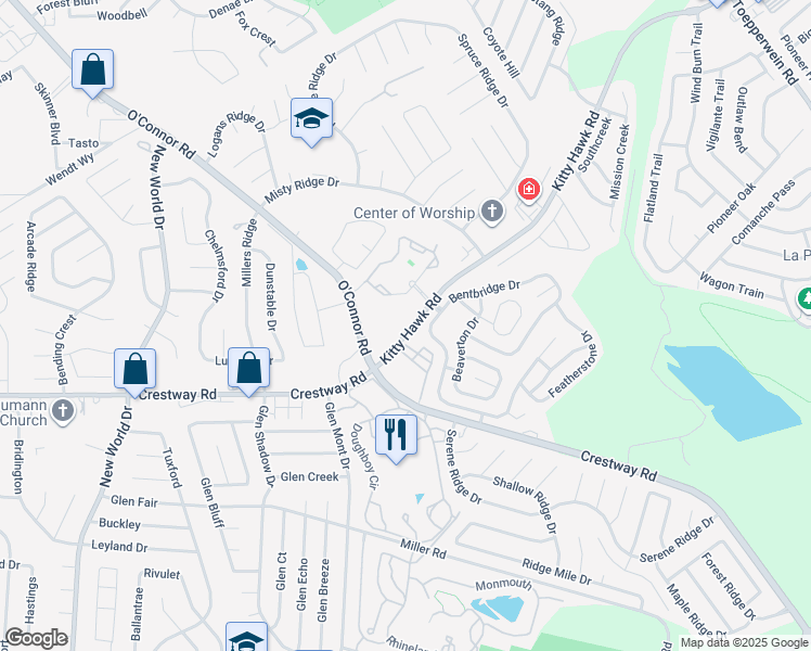 map of restaurants, bars, coffee shops, grocery stores, and more near 7347 Kitty Hawk Road in Converse