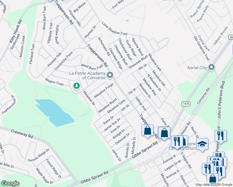 map of restaurants, bars, coffee shops, grocery stores, and more near 817 Toepperwein Road in Converse