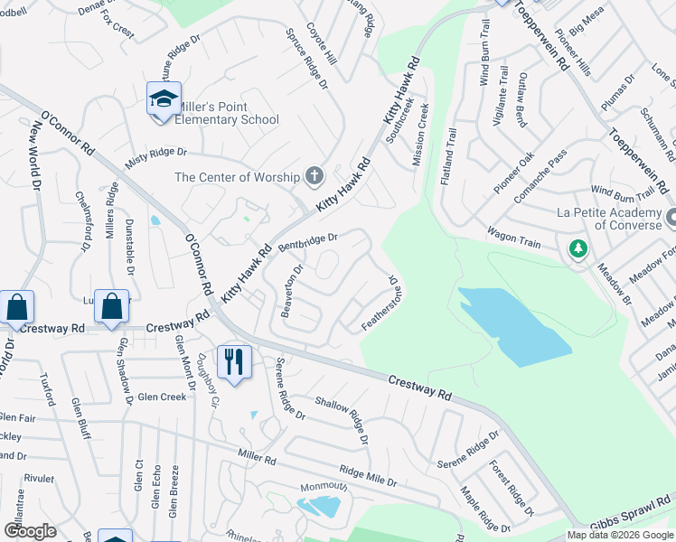 map of restaurants, bars, coffee shops, grocery stores, and more near 189 Sunrise Run Drive in San Antonio