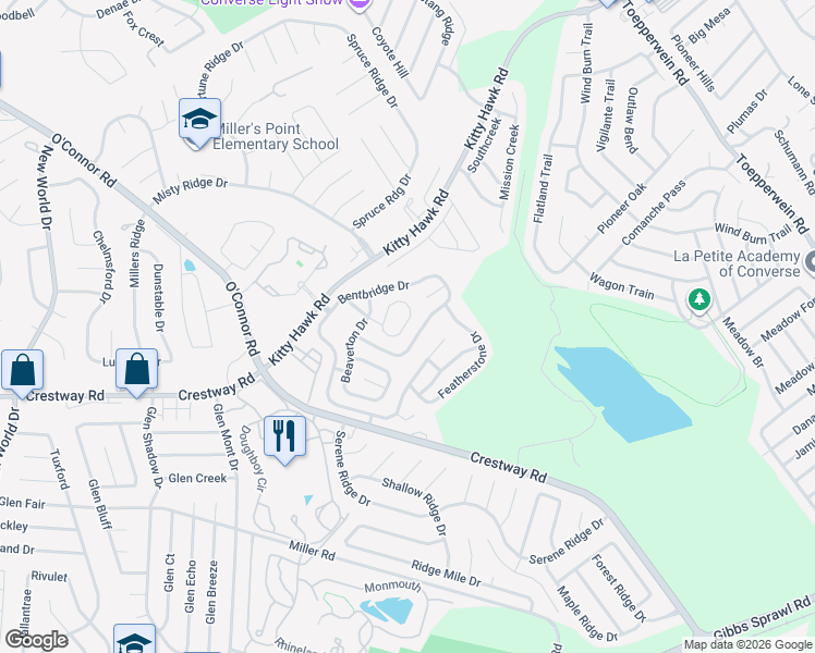 map of restaurants, bars, coffee shops, grocery stores, and more near 189 Sunrise Run Drive in San Antonio