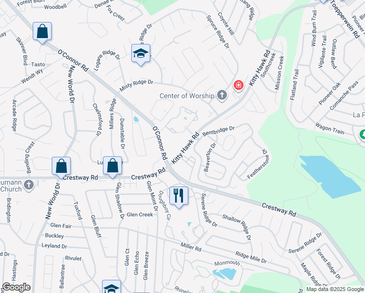 map of restaurants, bars, coffee shops, grocery stores, and more near 7347 Kitty Hawk Road in Converse