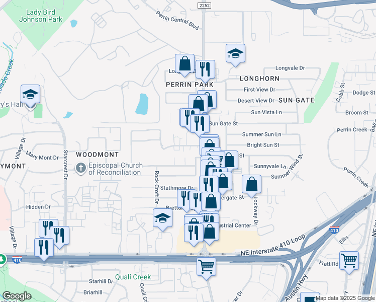 map of restaurants, bars, coffee shops, grocery stores, and more near 4150 Swans Landing in San Antonio