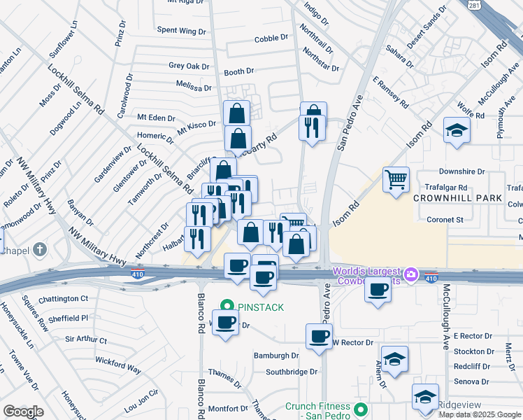 map of restaurants, bars, coffee shops, grocery stores, and more near 7234 Blanco Road in San Antonio