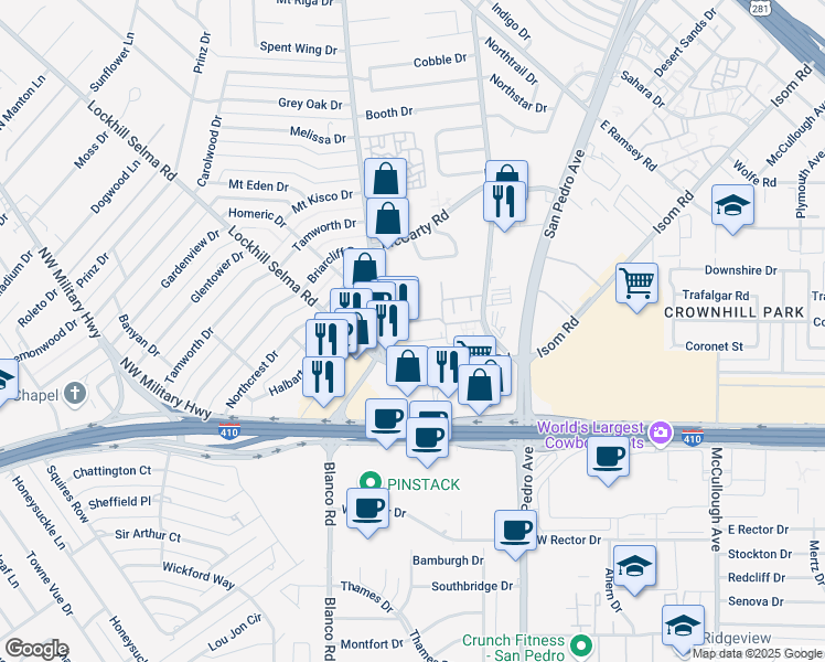 map of restaurants, bars, coffee shops, grocery stores, and more near 7234 Blanco Road in San Antonio