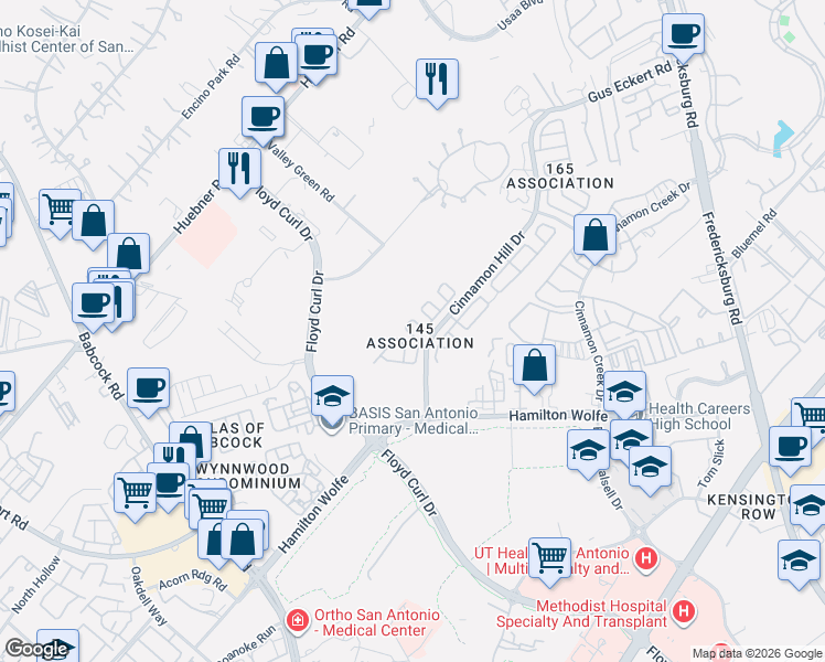 map of restaurants, bars, coffee shops, grocery stores, and more near 5131 Kenton Ash in San Antonio