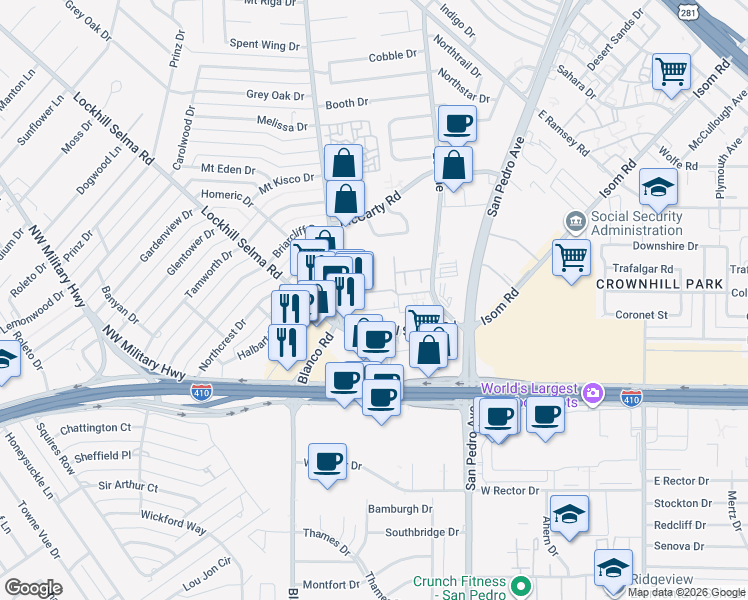 map of restaurants, bars, coffee shops, grocery stores, and more near 7226 Blanco Road in San Antonio