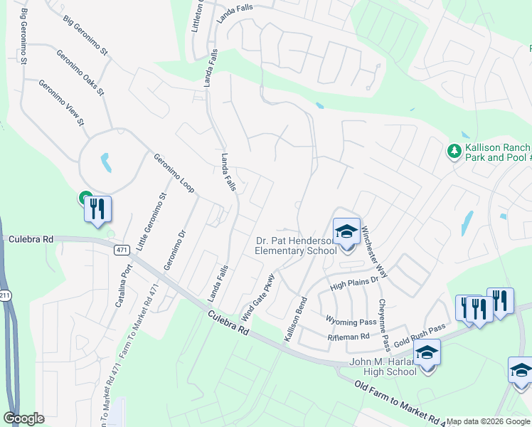 map of restaurants, bars, coffee shops, grocery stores, and more near 14818 Gwynedd Mill in Bexar County