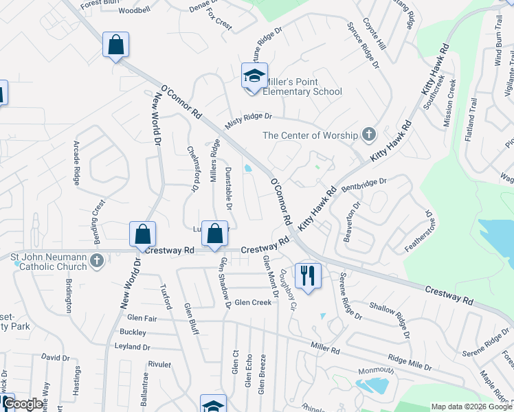 map of restaurants, bars, coffee shops, grocery stores, and more near 9506 Sandy Ridge Way in San Antonio