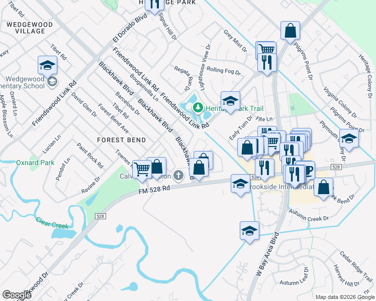 map of restaurants, bars, coffee shops, grocery stores, and more near 17211 Blackhawk Boulevard in Friendswood