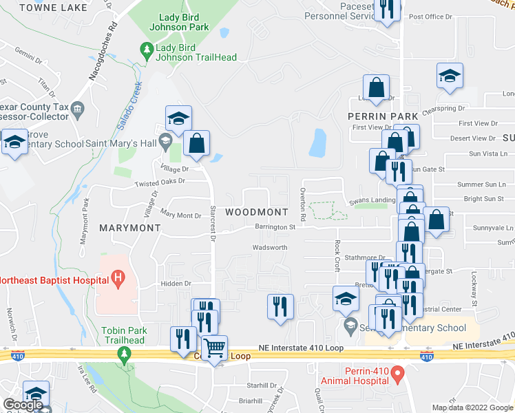 map of restaurants, bars, coffee shops, grocery stores, and more near 3843 Barrington Street in San Antonio