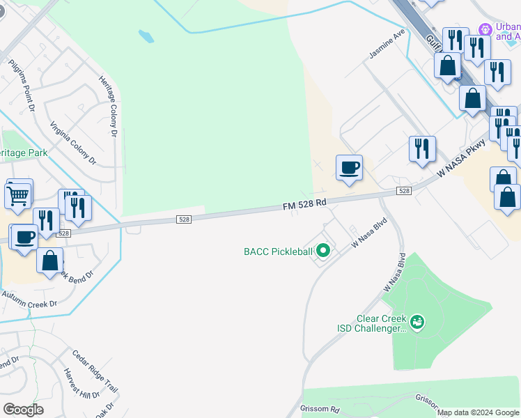 map of restaurants, bars, coffee shops, grocery stores, and more near 1804 Farm to Market Road 528 in Webster