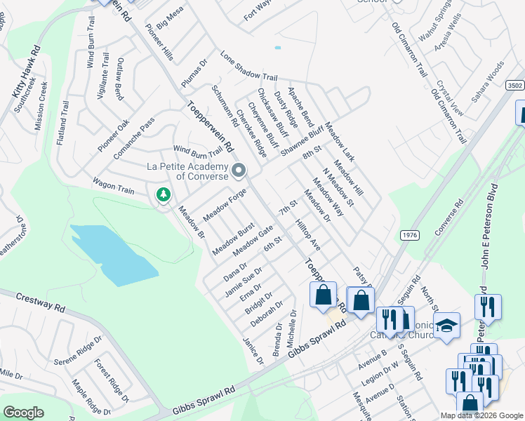 map of restaurants, bars, coffee shops, grocery stores, and more near 817 Toepperwein Road in Converse