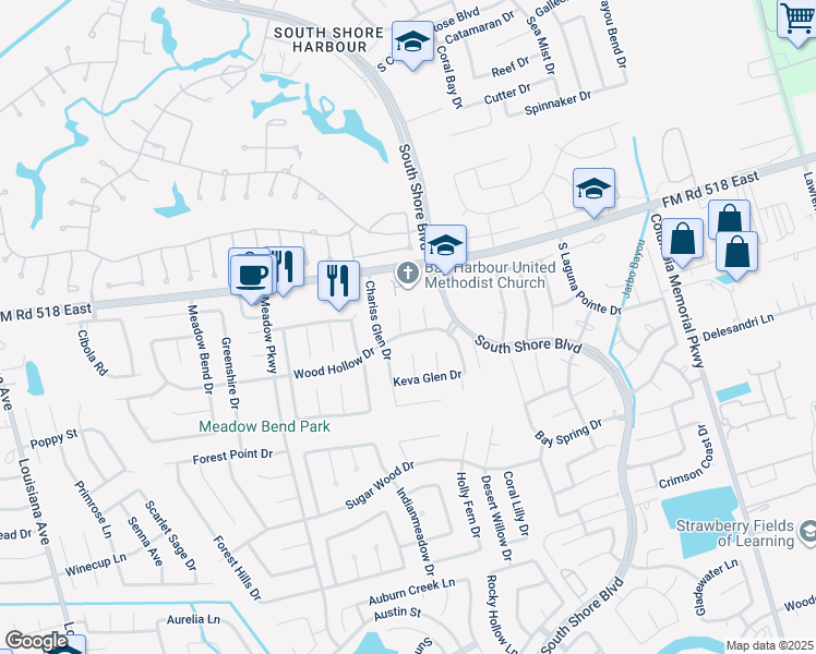 map of restaurants, bars, coffee shops, grocery stores, and more near 128 Barbetta Court in League City