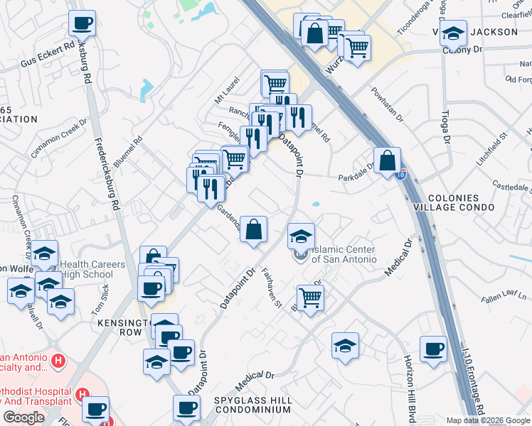 map of restaurants, bars, coffee shops, grocery stores, and more near 4118 Saint Charles Bay in San Antonio