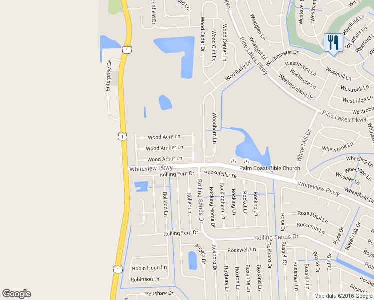 map of restaurants, bars, coffee shops, grocery stores, and more near 31 Wood Amber Lane in Palm Coast
