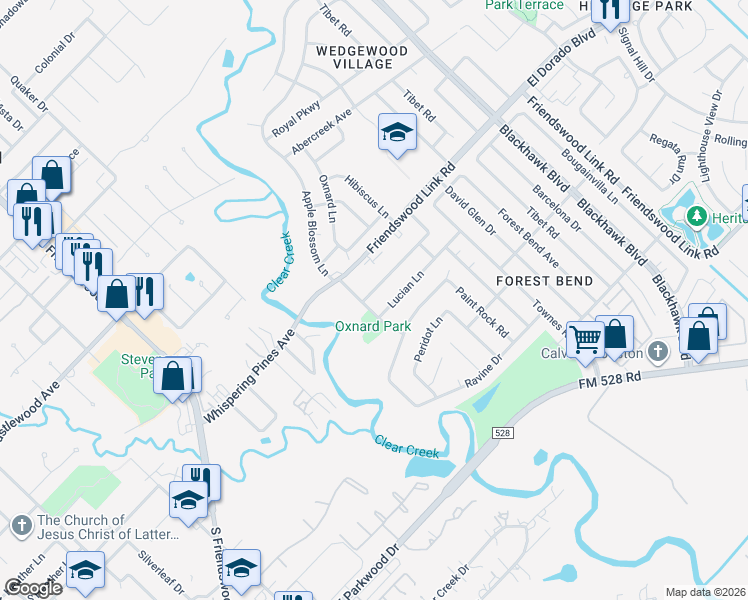 map of restaurants, bars, coffee shops, grocery stores, and more near 4335 Townes Forest Road in Friendswood