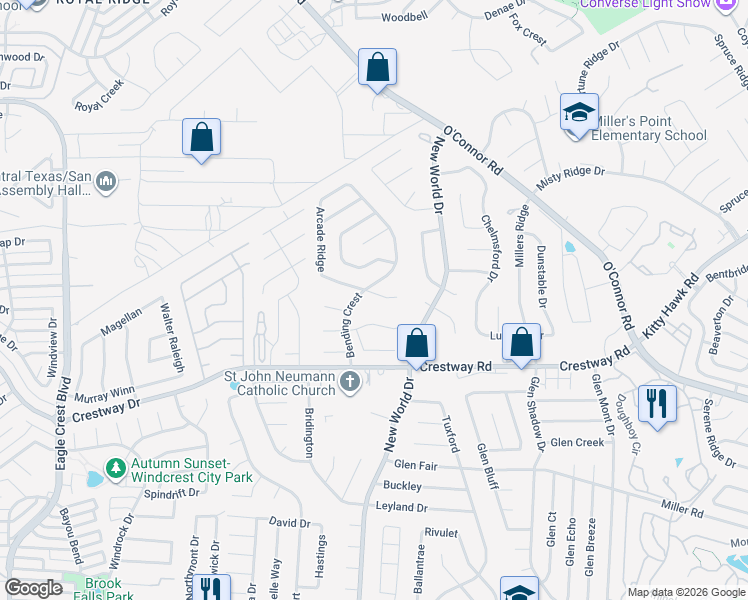map of restaurants, bars, coffee shops, grocery stores, and more near 9403 Bending Crest in San Antonio