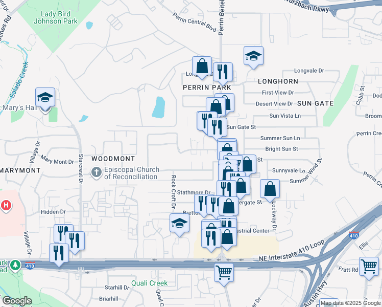 map of restaurants, bars, coffee shops, grocery stores, and more near 4134 Swans Landing in San Antonio