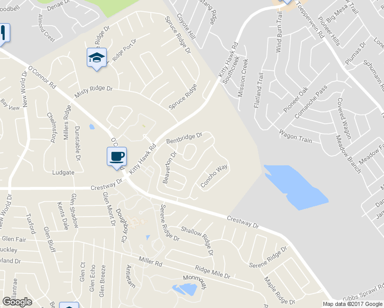 map of restaurants, bars, coffee shops, grocery stores, and more near 7460 Kitty Hawk Road in Converse