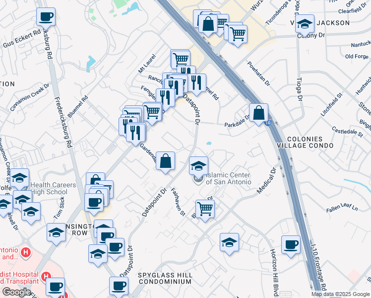 map of restaurants, bars, coffee shops, grocery stores, and more near 4118 Saint Charles Bay in San Antonio