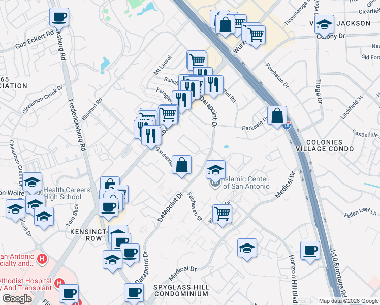 map of restaurants, bars, coffee shops, grocery stores, and more near 4118 Saint Charles Bay in San Antonio