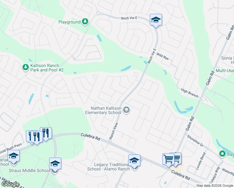 map of restaurants, bars, coffee shops, grocery stores, and more near 13727 Granbury Field in San Antonio