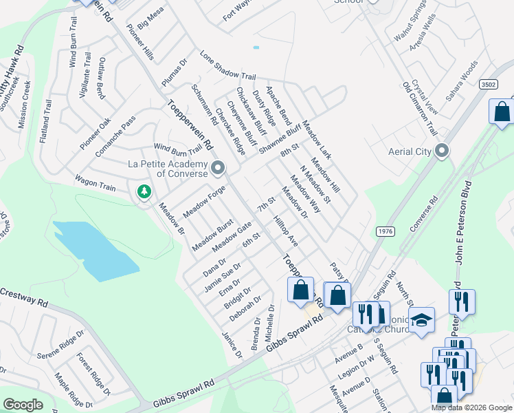 map of restaurants, bars, coffee shops, grocery stores, and more near 103 7th Street in Converse