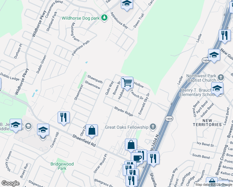 map of restaurants, bars, coffee shops, grocery stores, and more near 9006 Bowen Branch in San Antonio