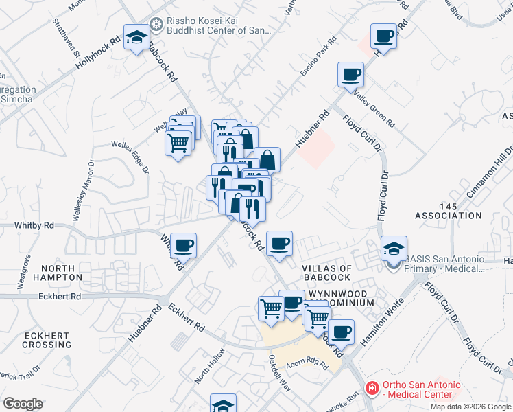 map of restaurants, bars, coffee shops, grocery stores, and more near 8846 Huebner Road in San Antonio