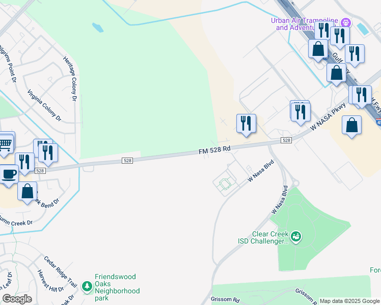 map of restaurants, bars, coffee shops, grocery stores, and more near 1790 FM 528 Road in Webster