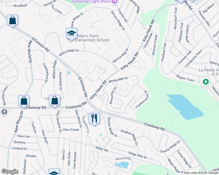 map of restaurants, bars, coffee shops, grocery stores, and more near 43 Bufflehead Drive in San Antonio