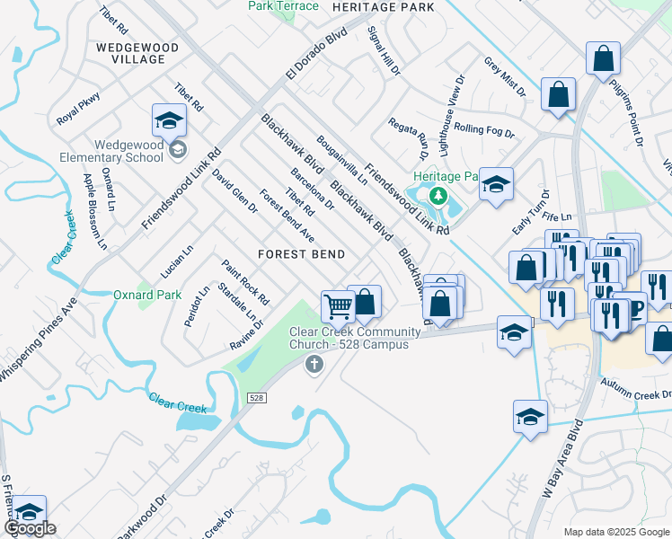 map of restaurants, bars, coffee shops, grocery stores, and more near 17014 Forest Bend Avenue in Friendswood