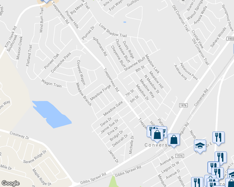 map of restaurants, bars, coffee shops, grocery stores, and more near 817 Toepperwein Road in Converse