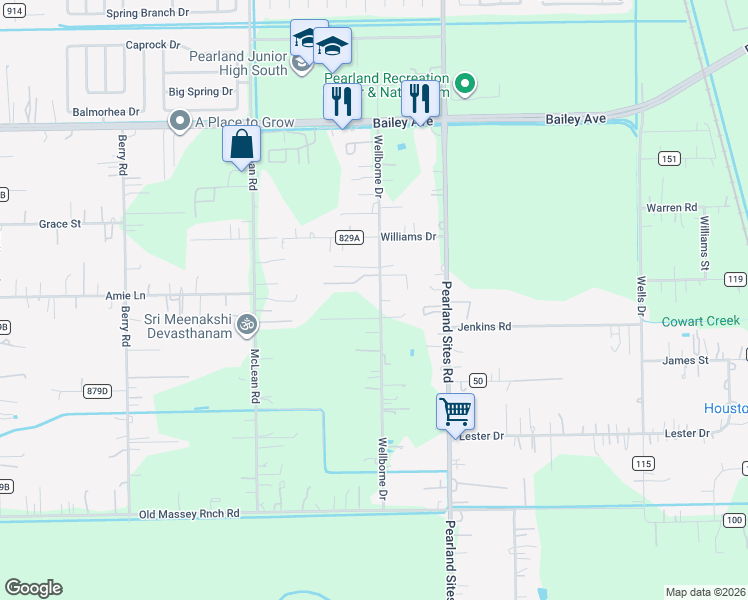 map of restaurants, bars, coffee shops, grocery stores, and more near 17230 Wellborne Road in Pearland
