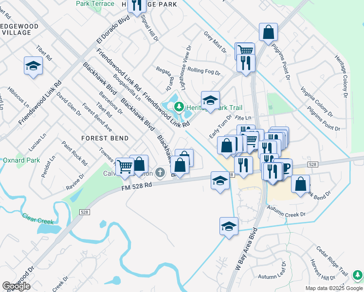 map of restaurants, bars, coffee shops, grocery stores, and more near 17201 Blackhawk Boulevard in Friendswood