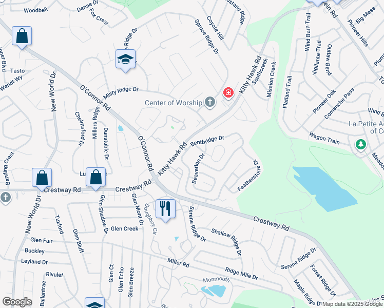 map of restaurants, bars, coffee shops, grocery stores, and more near 43 Bufflehead Drive in San Antonio